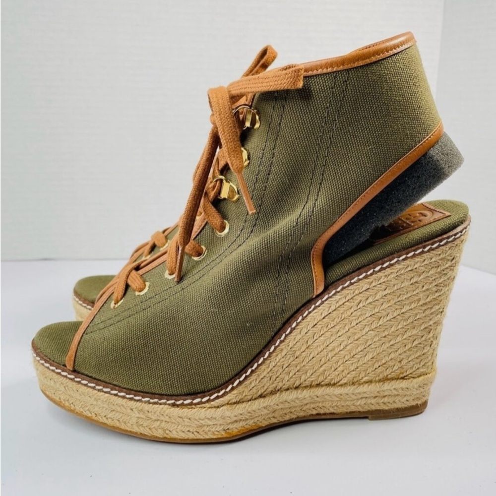 Tory Burch Green Canvas Wedge Sandals